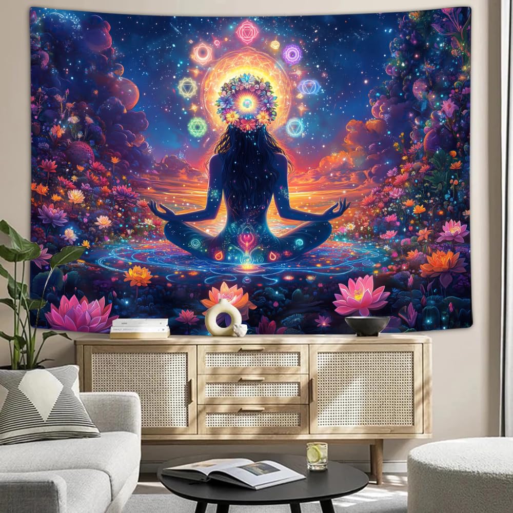 DYNH Chakra Tapestry,Yoga Meditation Wall Hanging,Psychedelic Hippie Galaxy Space Lotus Spiritual Tapestries Zen Room Decor for Bedroom Living Room,60X40IN