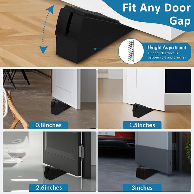 Optish 2 Pack Heavy Duty Door Stopper, Adjustable Spring Large Stopper, 3 Inches High Tall Wedge Stoppers for Bottom of Door, Door Stop Suits Wood, Carpet, Tiles, Home, Heavy Door, Black