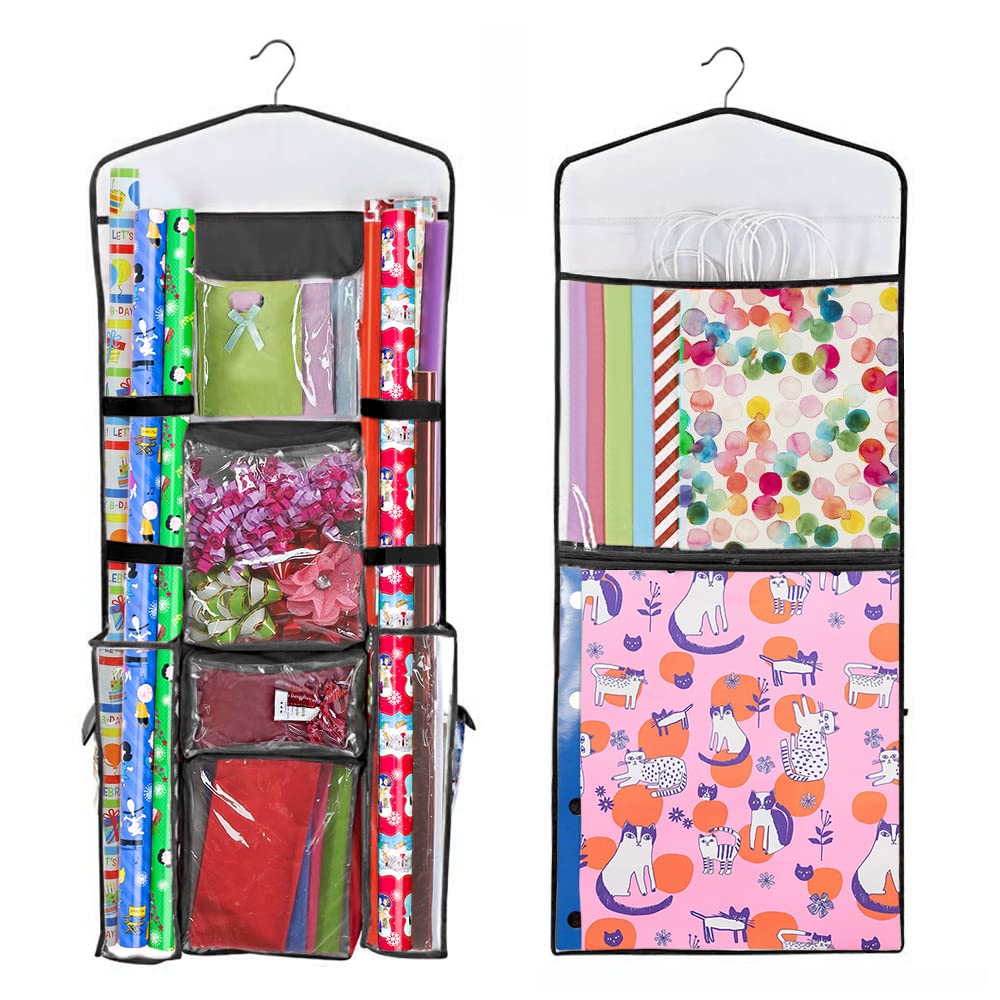 Primode Wrapping Paper Storage Hanging Over the Door Wrapping Paper Organizer Store Gift Wrap Gift Bags Ribbon Bows and Accessories 40”x17” Fits Long 40 Inch Rolls Double Sided Bag (Black Seam)