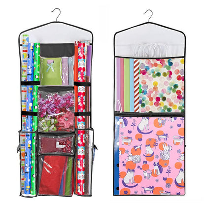 Primode Wrapping Paper Storage Hanging Over the Door Wrapping Paper Organizer Store Gift Wrap Gift Bags Ribbon Bows and Accessories 40”x17” Fits Long 40 Inch Rolls Double Sided Bag (Black Seam)