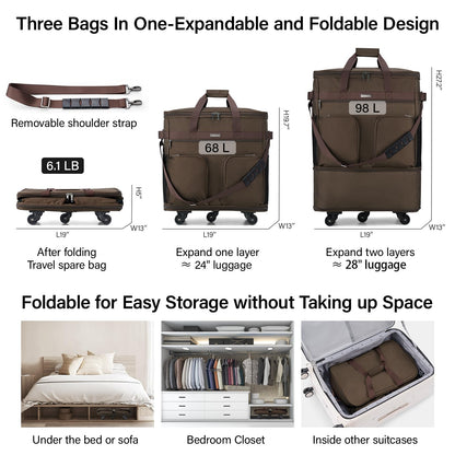 Hanke Expandable Collapsible Luggage with Wheels Suitcase, Rolling Travel Bag, Duffel Garment Tote Bag for Men Women, Lightweight Suitcase, Large Capacity Luggage with Spinner Wheel (Coffee)