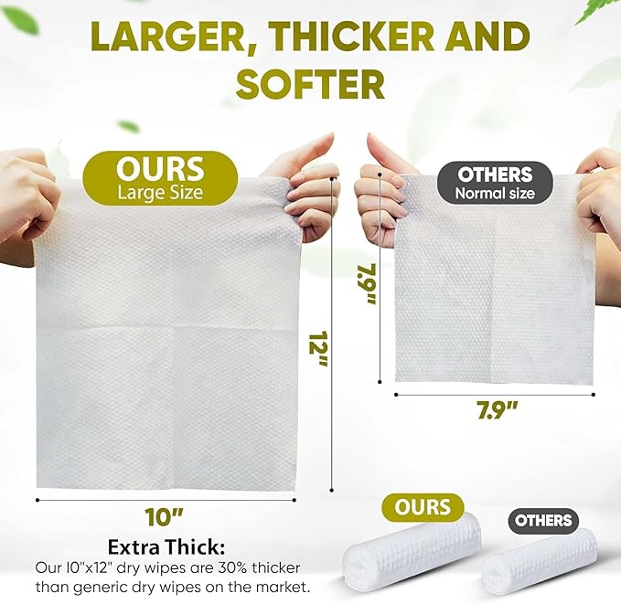 Disposable Face Towels – 100 Count XL 10”x12” Biodegradable Dry Wipes | Ultra