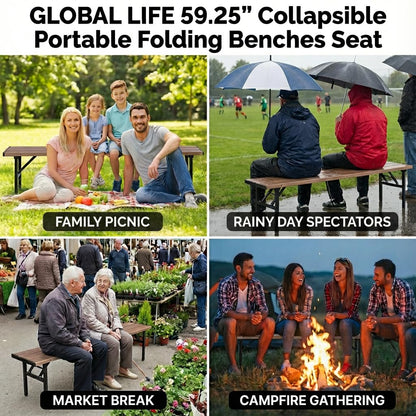 GL GLOBAL LIFE Collapsible Portable Folding Benches Seat for Outside Seating Soccer Sports Team Camping Foldable Bench Iron Tubes,Brown-59.25"