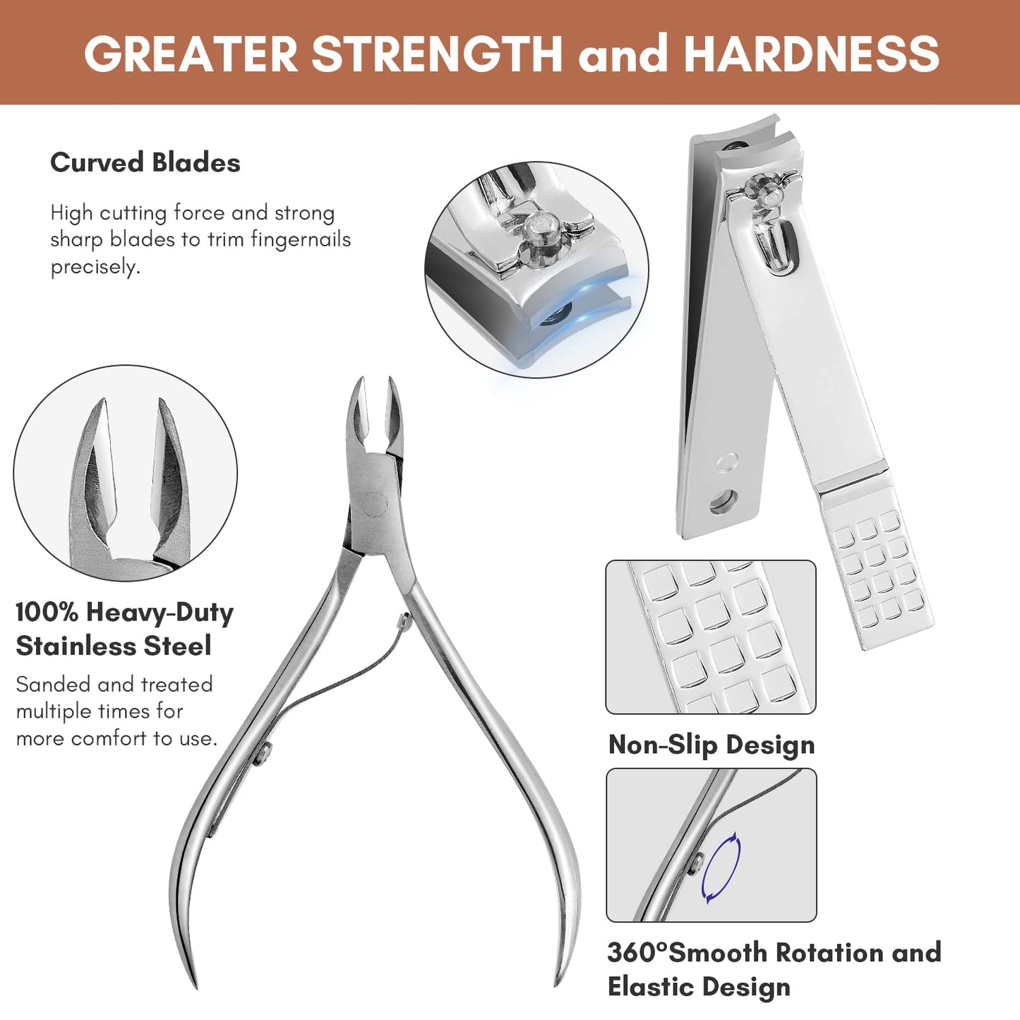 FAMILIFE Manicure Set, Nail Professional Kit Manicure Kits Nail Clipper Sets, 13PCS Stainless Steel Pedicure Sets Mens Grooming Tool, with Brown Leather Travel Case for Men