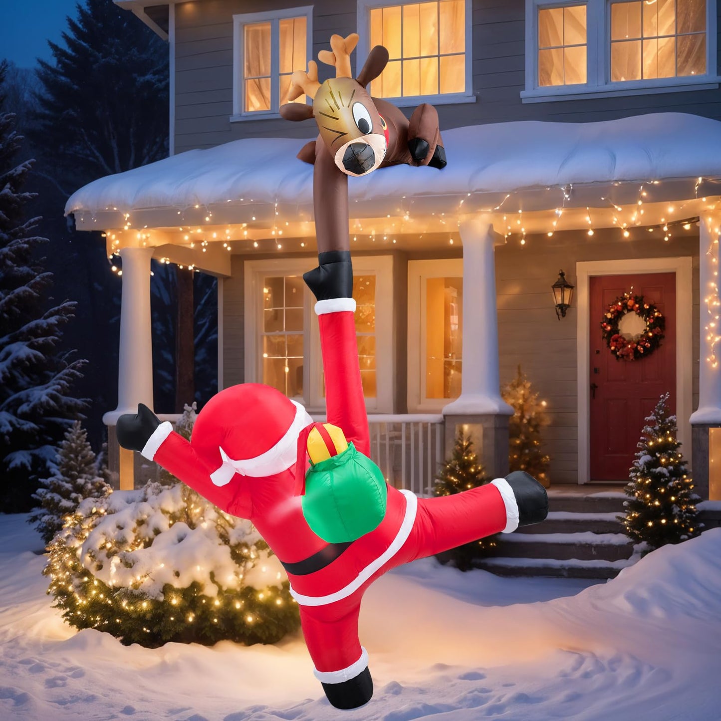 10 FT Hanging Inflatable Outdoor Decoration, Inflatable Elk and Climbing Santa Blow Up Yard Decor with Build-in LEDs, Inflatable Decorations for Outdoor Yard Garden