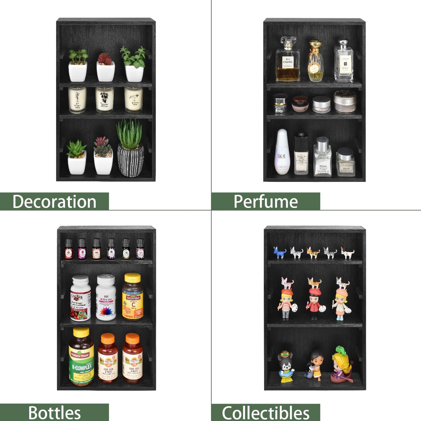 Ikee Design Wooden Wall-Mounted Display Shelves Rack for Collectibles, Figures,Shot Glasses,Spice Can,Cosmetics or Perfume, 5 Adjustable Height Shelves,Space-Saving, Black Color