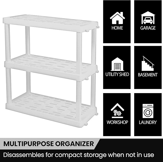 Oskar Heavy Duty Plastic Storage Shelves- for Garage, Kitchen, Bathroom Basement Kids Room, Stackable 3-Tier White, Organizer Rack for Books Shoes, Toys, Pantry, Cleaning and Closet Organization