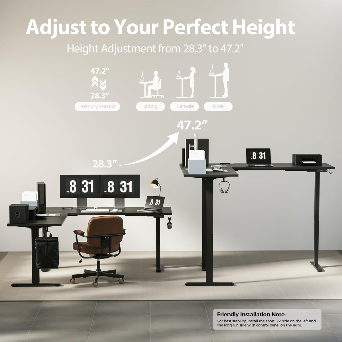 Agilestic Triple Motors 73" x 60" L Shaped Standing Desk, Electric Standing Desk Adjustable Height, Extra Large Desktop Corner Table for Home Office, Gaming Workstation, Splice Board, Black