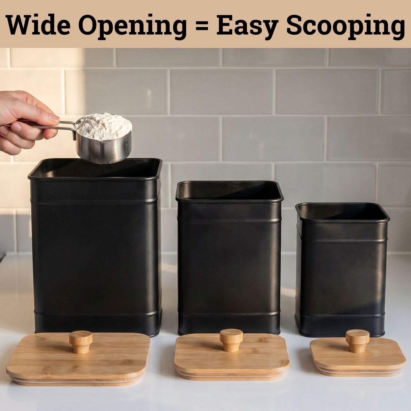 Kitchen Canisters for Countertop Set of 3 with Customizable Chalkboard Labels & Marker Pen - Big Iron Kitchen Canisters with Airtight Lids - Black Canister Set - Flour and Sugar Containers Farmhouse