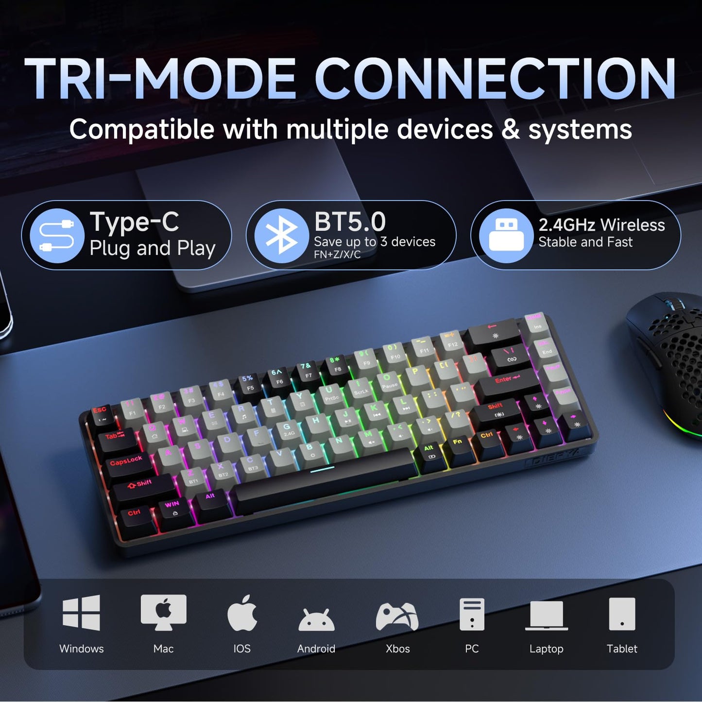 Dierya DK68 Wireless Gaming Keyboard, Triple Mode-Bluetooth/2.4GHz/USB-C Mechanical Keyboard, RGB Backlit, Linear Red Switch for Gaming & Office, Black Grey