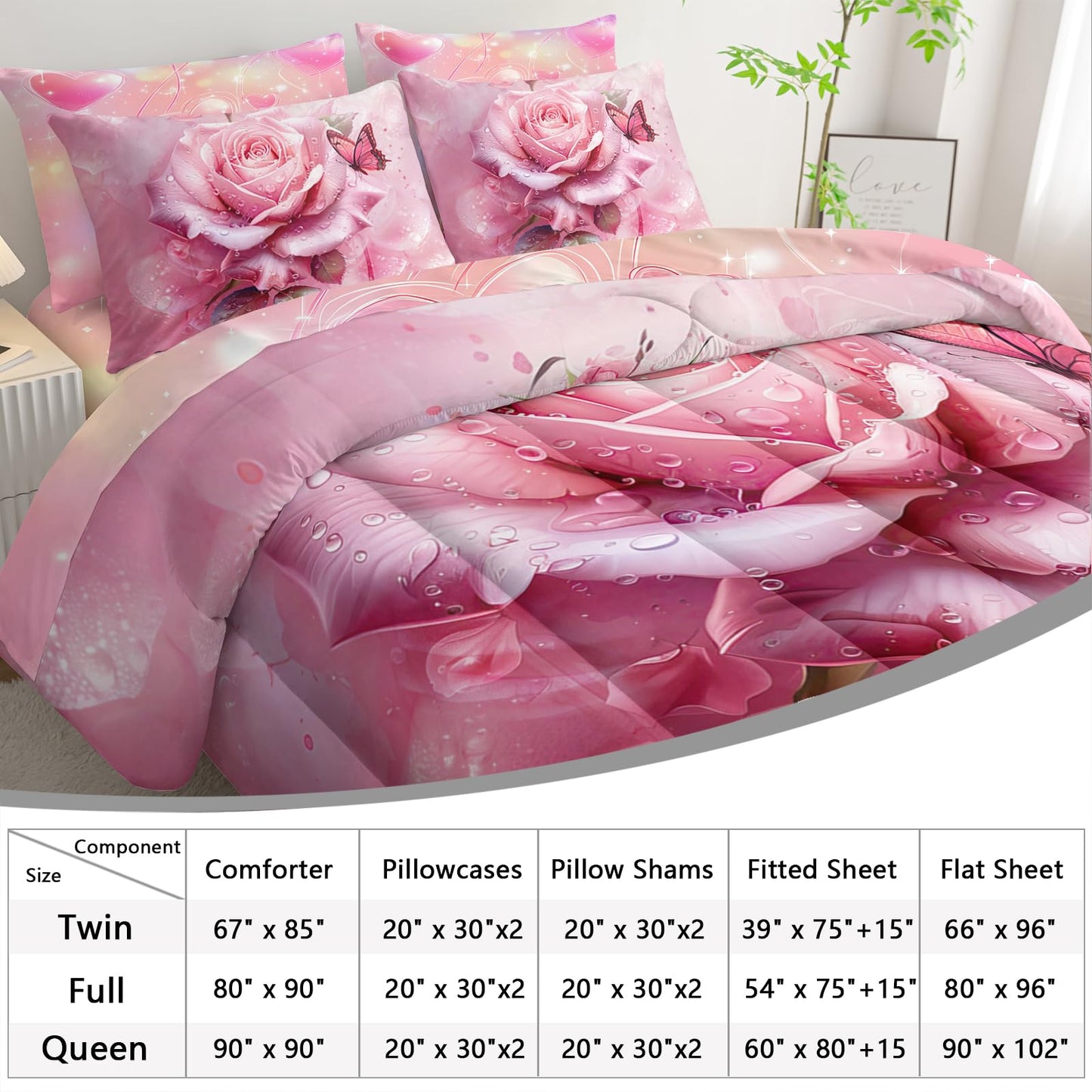 AILONEN Pink Rose Comforter Set Twin Size for Girls Women,7-Piece Soft Bed in a Bag,Rose Flower Butterfly Comforter & Fitted Sheet & Flat Sheet & 2 Pillowcases,2 Pillow Shams