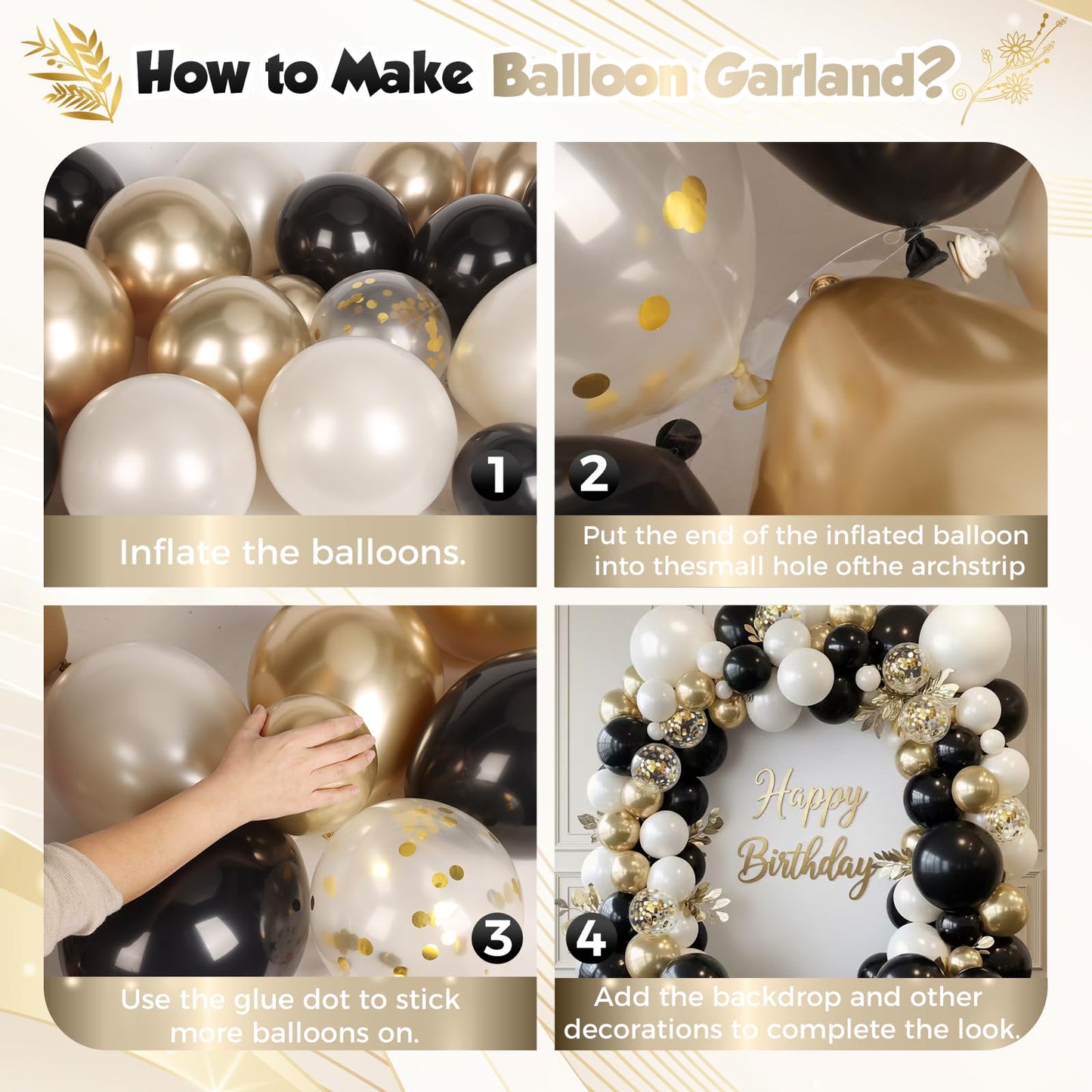 PTGOLUO Black and Gold Balloon Arch Garland Kit 150pcs 2026 New Year's, Double Stuffed Pearl Sand White Black Chrome Gold Balloons Arch Kit for Graduation Father's Day Birthday Party Decoration