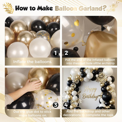 PTGOLUO Black and Gold Balloon Arch Garland Kit 150pcs 2026 New Year's, Double Stuffed Pearl Sand White Black Chrome Gold Balloons Arch Kit for Graduation Father's Day Birthday Party Decoration