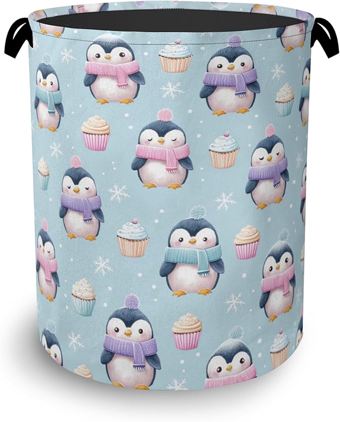 Cute Penguin Laundry Basket, Snowflake Cake Foldable Oxford Cloth Tote Bag