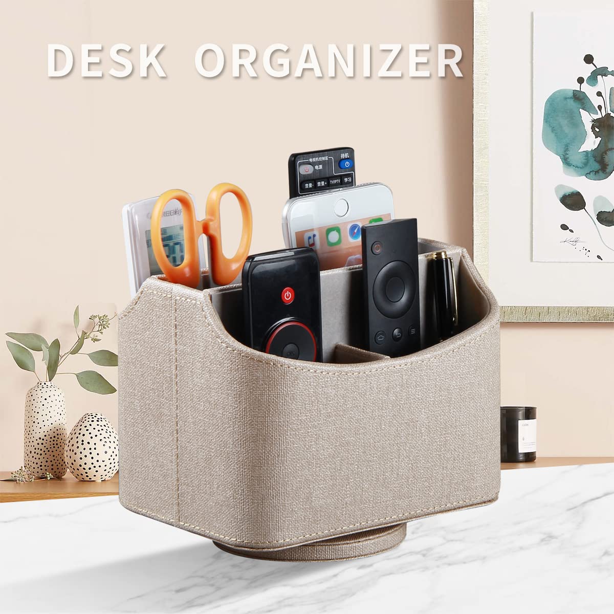 Remote Control Holder, Swivel Desk Organizer and Decorations for Living Room, Bedside Table Organizer Remotes Caddy for TV Controllers/ Stationery/ Art Supplies/ Pen, PU Leather Room Decor Aesthtic
