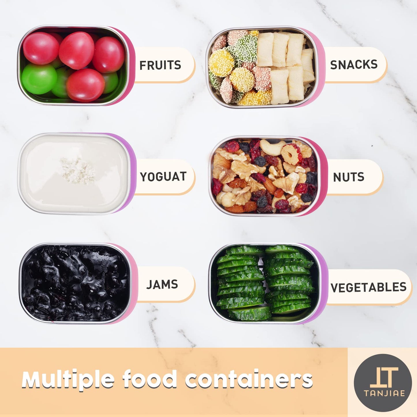 Tanjiae Small (1 CUP) Stainless Steel Snack Containers for Kids | Easy Open Leak Proof Food Containers with Silicone Lids - Perfect Metal Toddler Lunch Box for Daycare and School (8oz)