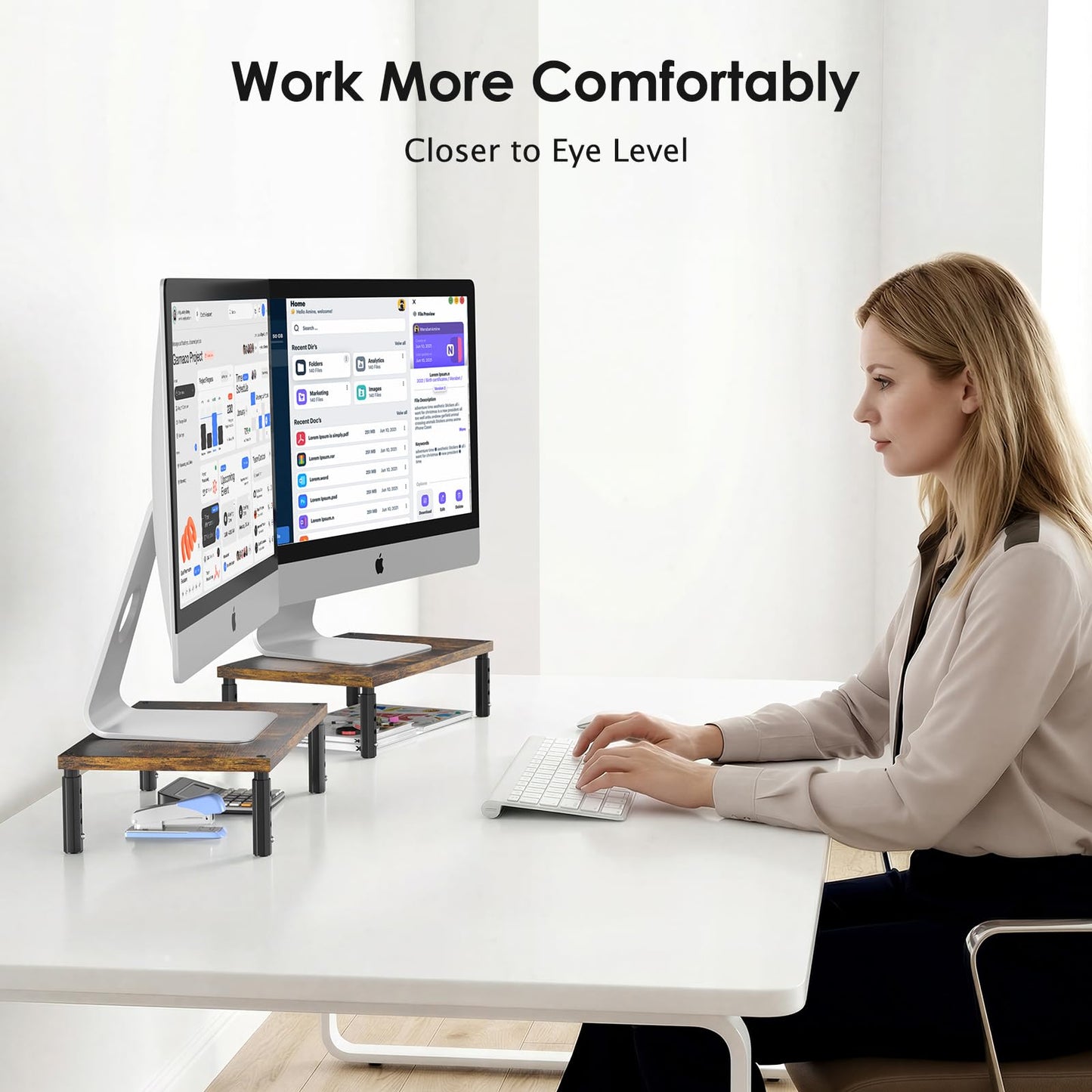 OPNICE Adjustable Monitor Stand Riser for Desk, Computer & Laptop Stand, Desk Organizers and Accessories, Office Desk Accessories & Workspace Organizer for Home Office, Brown Wood