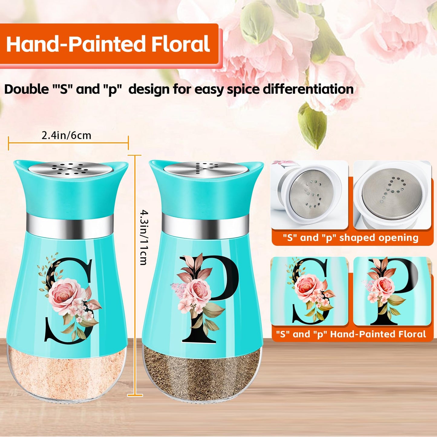 Salt and Pepper Shakers Set, 4 oz Teal Kitchen Accessories and Decor, Stainless Steel & Glass Spice Dispenser Classic, Refillable Design, Farmhouse Salt Pepper Shakers Cute Kitchen Decoration (Blue)