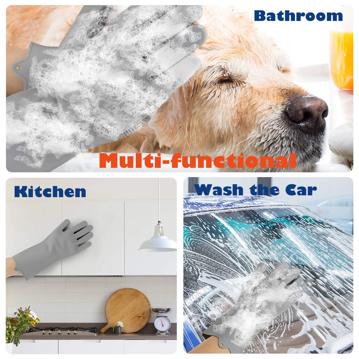 VavoPaw Pet Grooming Gloves - Dog Bathing Shampoo Brush with High Density Teeth, Heat Resistant Silicone Five Finger Design for Bathing and Massaging Dogs and Cats, Gray