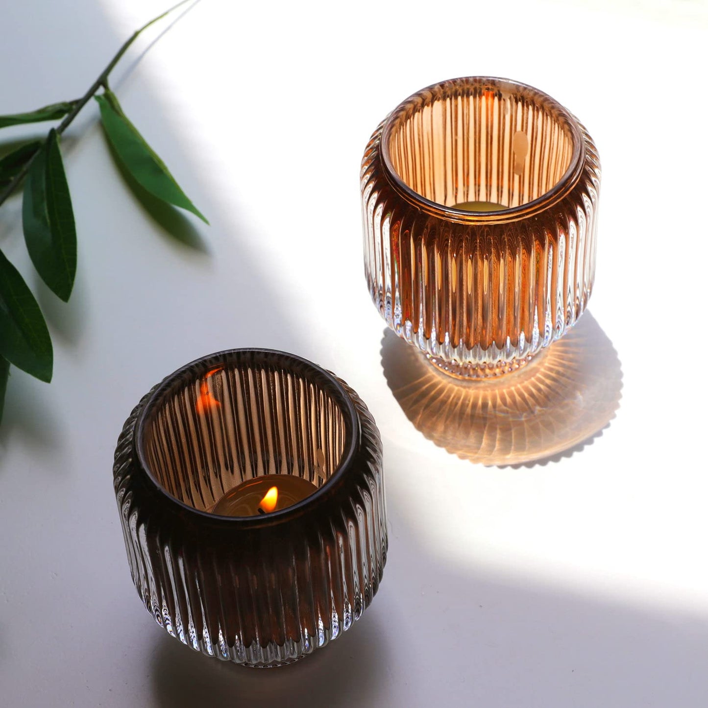 Woho Votive Candle Holders for Wedding Centerpieces, Tealight Candle Holder Set of 2, Glass Votive Candle Holder Bulk for Home Decor(Brown, 3.5'' Tall 3.1'' Diameter)