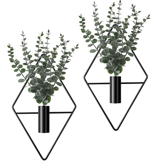 Jexine Hanging Planters with Artificial Eucalyptus Metal Hanging Vase Indoor Plants Holder Modern Geometric Boho Bathroom Wall Decor for Living Room Home Office (Black,4 Pcs)