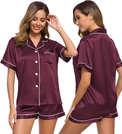 SWOMOG Womens Silk Satin Pajamas Set Short Sleeve Sleepwear Button Down Top and Shorts Loungewear 2 Piece Pjs Set XS-3XL