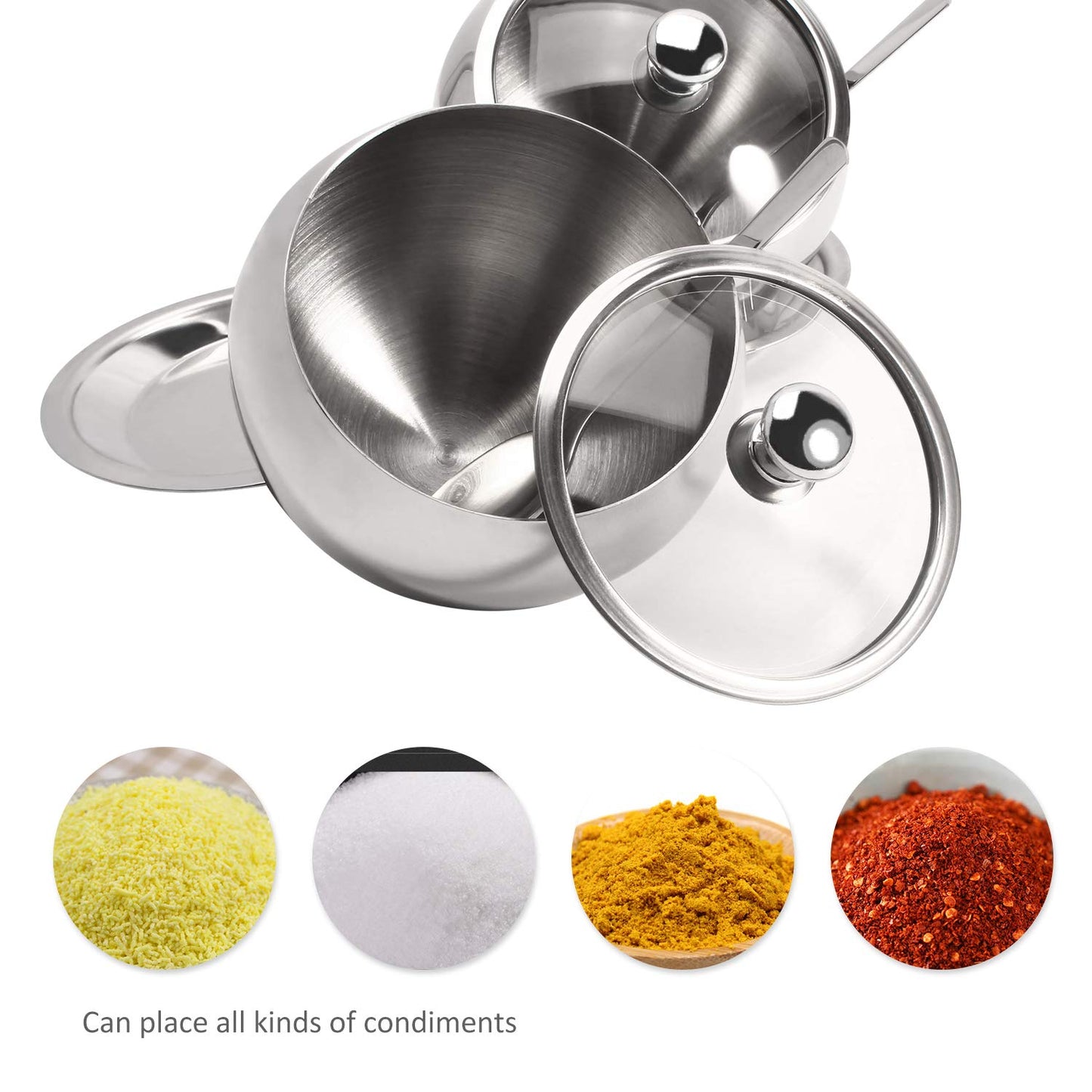 KEMIYIXIAN 2 Polished Shiny Stainless Steel Sugar Bowls for Serving Sugar Pepper Salt Spice- 300ml/ 10oz