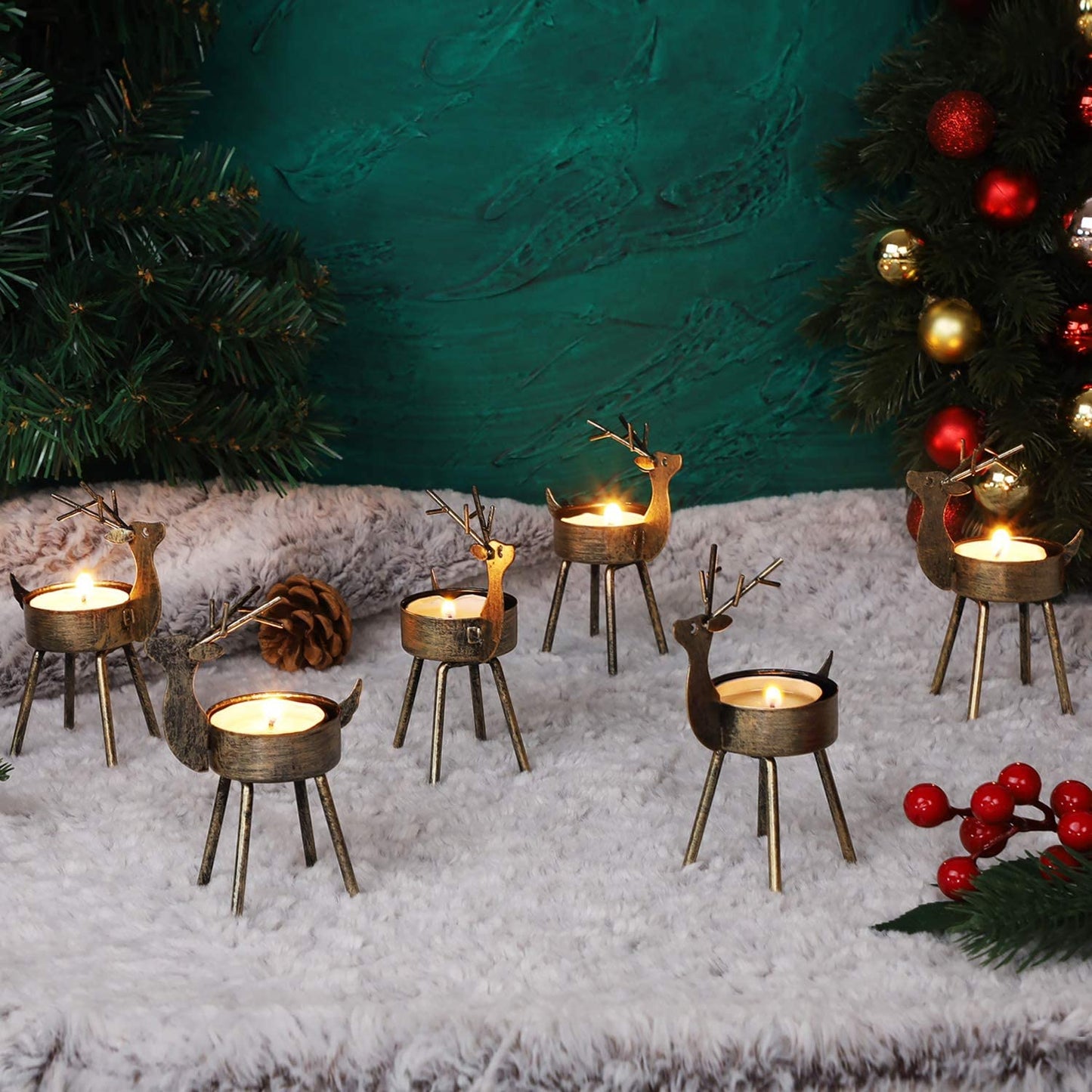 Juegoal Reindeer Tealight Candle Holders, Set of 6 Christmas Decorations Standing Iron Metal with Rustic Bronze Finish, Durable and Rust-Proof Candlestick Holiday Tabletop Centerpiece and Display