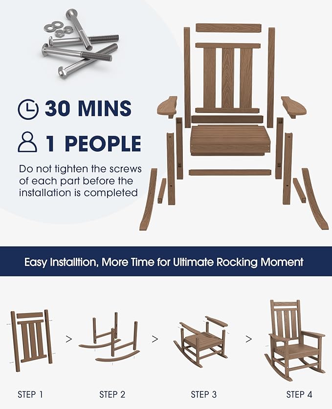 KINGYES Oversized Outdoor Rocking Chair Set of 8, All-Weather Patio Rocking Chairs for Porch, HDPE Outdoor Patio Rockers with High Back & Wide Seat for Garden, Lawn, Brown