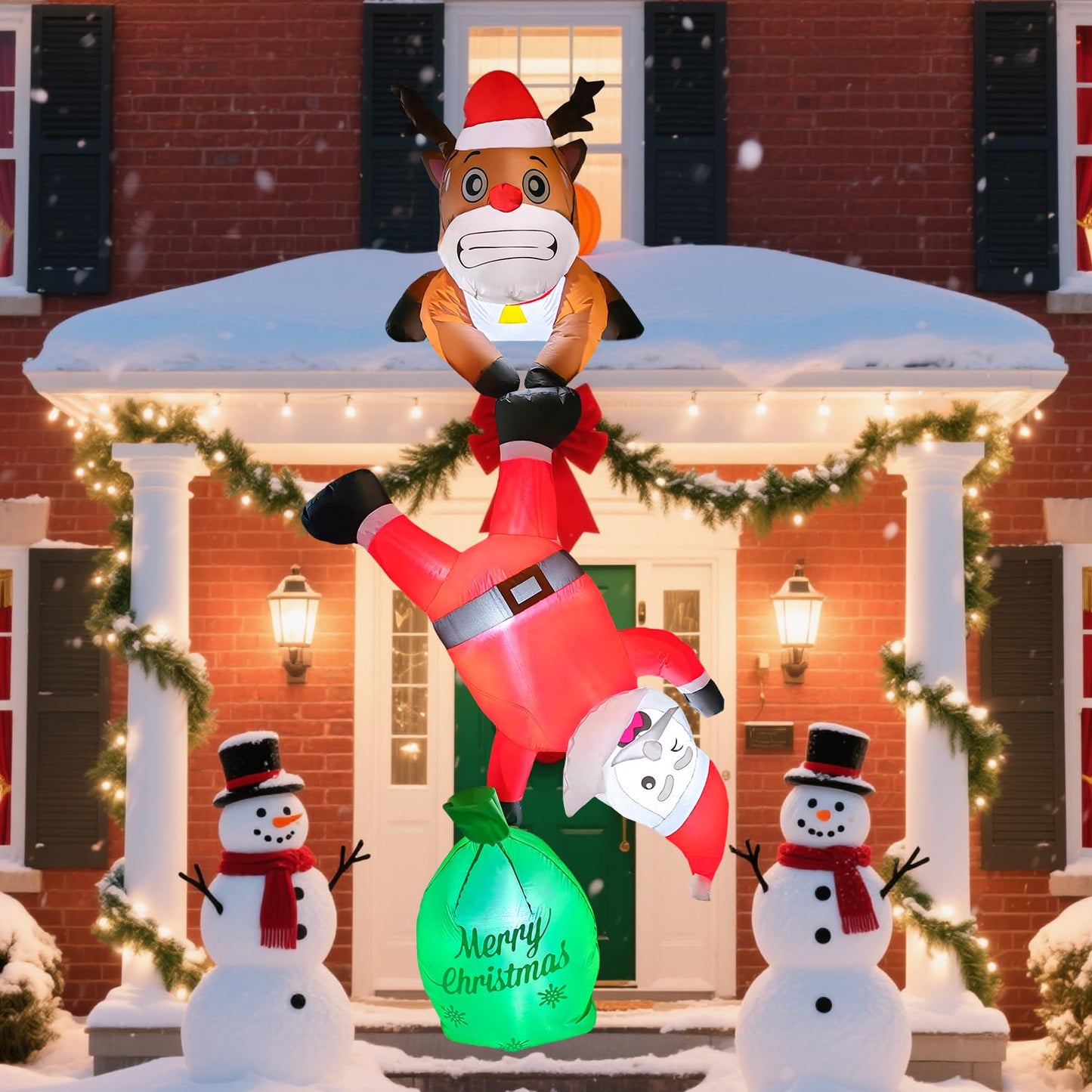 8FT Hanging Christmas Inflatable Outdoor Decoration,Christmas Inflatables Reindeer Pulling Climbing Santa and Falling Gift Box Bags with Build-in LED Lights for Holiday Party Roof Balcony Window