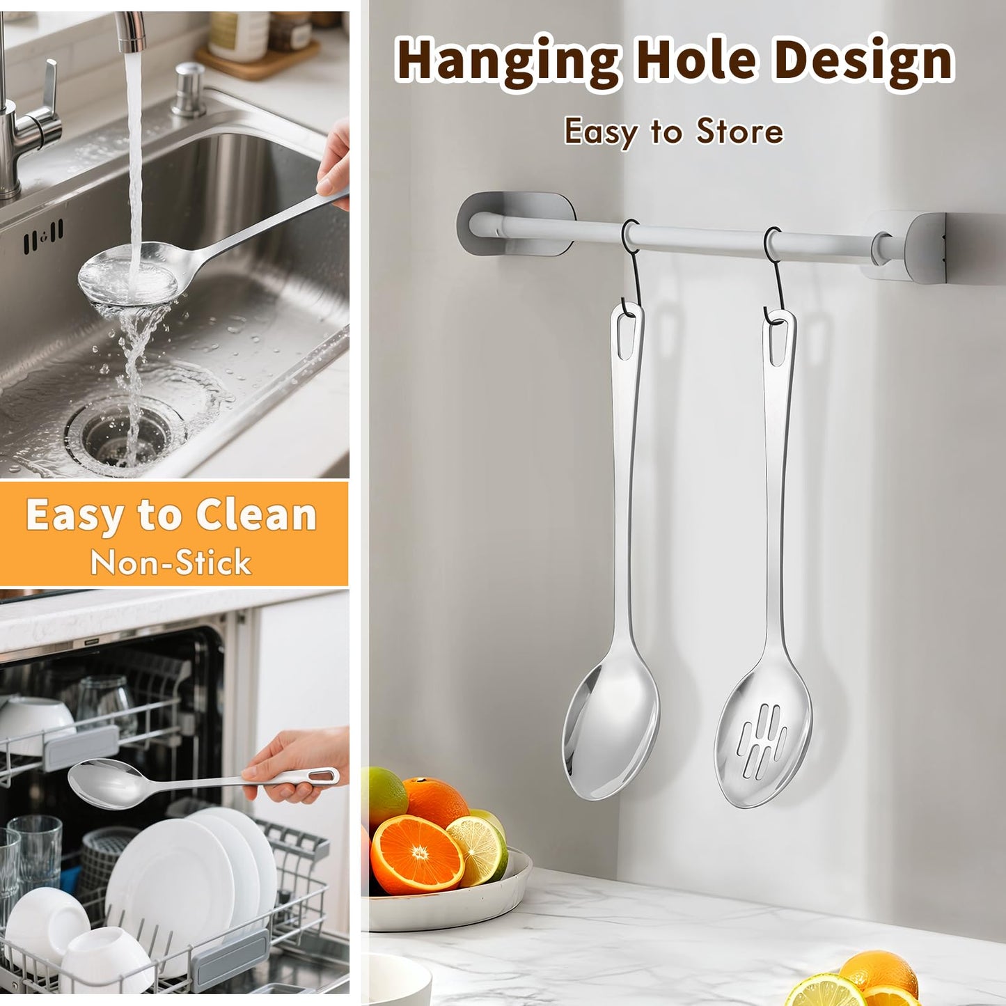 2 Pcs Stainless Steel Cooking Spoons Set, Solid & Slotted Metal Serving Spoons, Heavy Duty Sturdy Large Soup Ladle, High Heat Resistant Kitchen Cooking Utensils for Mixing, Stirring, Easy to Clean