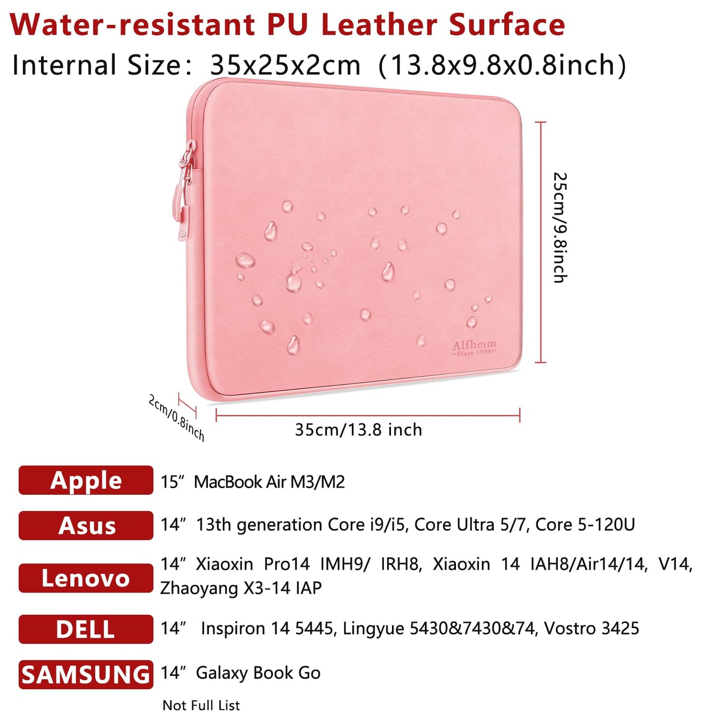 Alfheim Laptop Sleeve Case 14 inch, Waterproof Shock Resistant Fashion Lightweight PU Leather Bag Case for Notebook Tablet iPad（Pink）