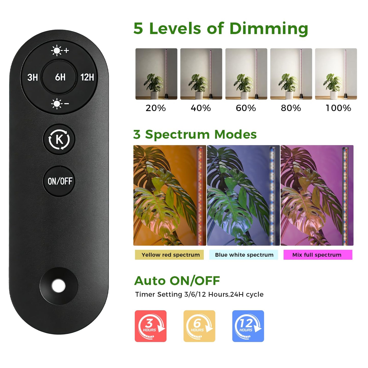 Grow Lights for Indoor Plants with Timer, 60 Inch Vertical Grow Light Full Spectrum 192 LEDs 24W with 3/6/12H Auto On/Off Remote 3 Light Modes 5-Level Dimmable Standing Plant Lamp