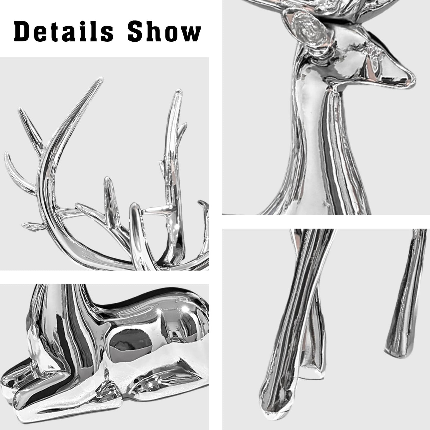 2PCS Silver Christmas Reindeer Figurines, Resin Elk Sculpture Statues, Standing Sitting Reindeer Statues, Xmas Ornaments for Home Living Room Office TV Cabinet, Ideal Christmas/New Year Seasonal Gift
