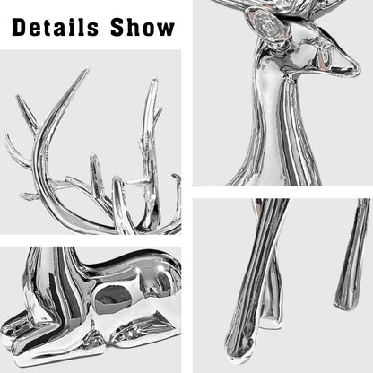 2PCS Silver Christmas Reindeer Figurines, Resin Elk Sculpture Statues, Standing Sitting Reindeer Statues, Xmas Ornaments for Home Living Room Office TV Cabinet, Ideal Christmas/New Year Seasonal Gift