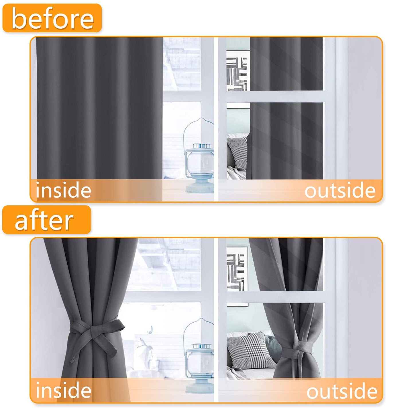 Hiasan Blackout Curtains for Bedroom, 60 x 63 Inches Length - Thermal Insulated & Light Blocking Window Curtains for Living Room, 2 Drape Panels Sewn with Tiebacks, Dark Grey