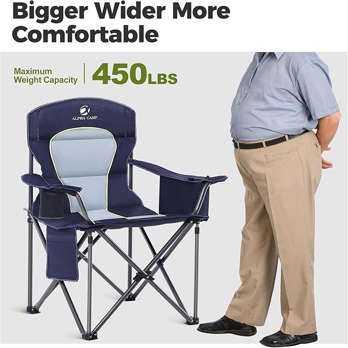 ALPHA CAMP Heavy Duty Camping Chair 500LBS Capacity, Oversized Folding Chair for Heavy People, Padded Portable Outdoor Chair with Cooler Bag & Cup Holder for Camping, Fishing, Beach