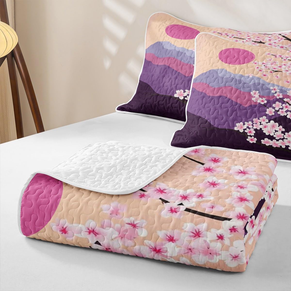 Erosebridal Cherry Blossoms Quilt Queen Pink Flowers Quilt Set Japanese Style Quilted Bedspread Branches Plant Floral Bedding Coverlet