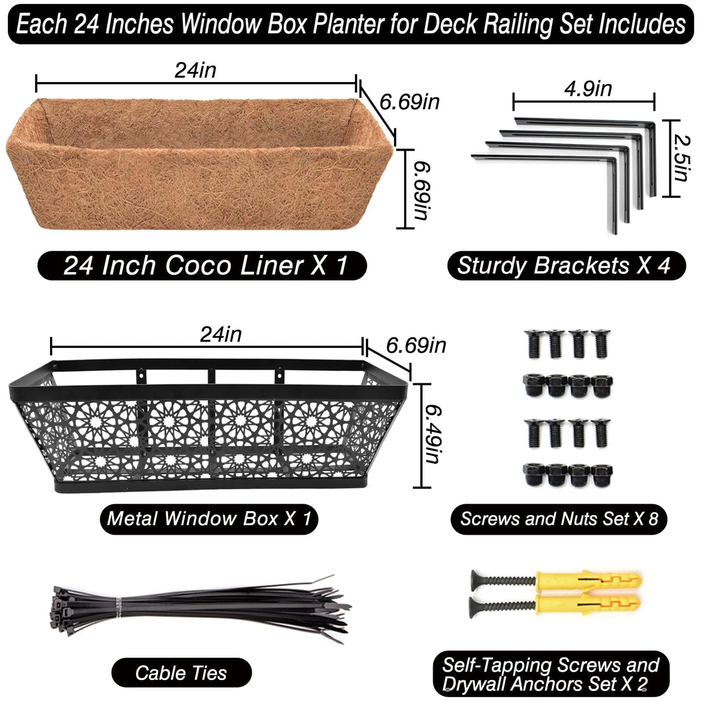 Halatool 24 Inch Window Box with Coco Liner, 4 Pack Sturdy Metal Flower Railing Planter with Coco Coir Basket Liners for Window Deck Fence Porch Balcony and Patio Outdoor Indoor Lawn