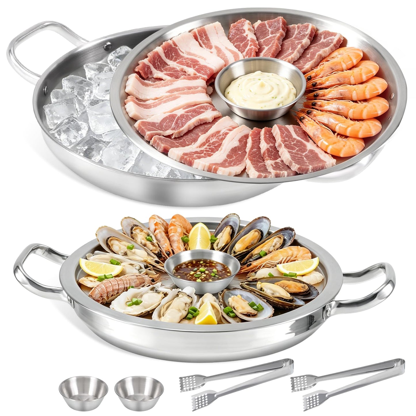 2 Pack 12 Inch Shrimp Cocktail Serving Dish with Handle Ice Tray, Stainless Steel Cold Chilled Serving Trays Cooling Platter Charcuterie Board Set for Appetizer Oyster Salad Buffet Salads BBQ Party