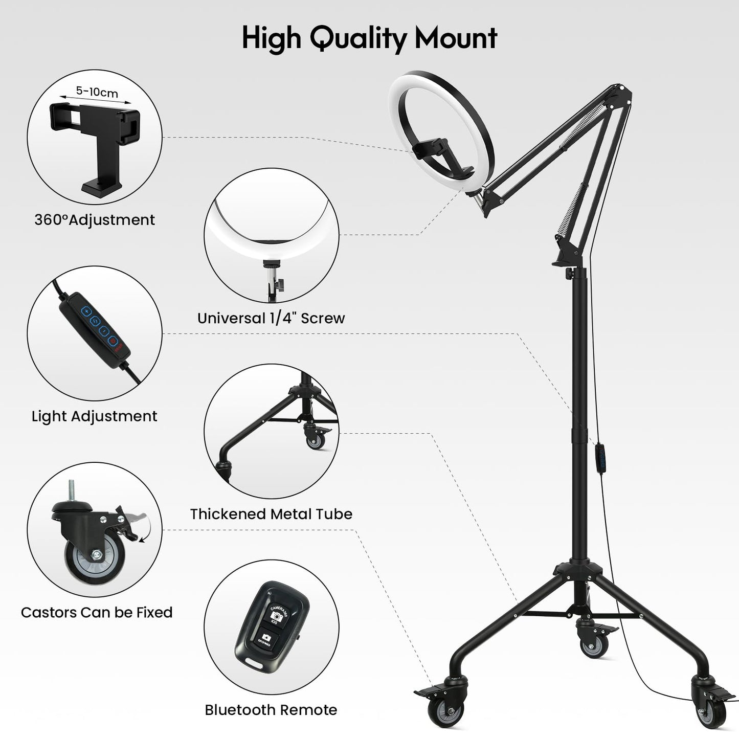 LUXSURE 10" Ring Light with Tripod Stand & Phone Holder Tall 175cm/69'', Movable Overhead Phone Mount with Casters, Overhead Tripod with Light for Cooking/Live Stream/Video Recording/Photography