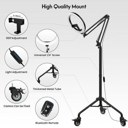 LUXSURE 10" Ring Light with Tripod Stand & Phone Holder Tall 175cm/69'', Movable Overhead Phone Mount with Casters, Overhead Tripod with Light for Cooking/Live Stream/Video Recording/Photography