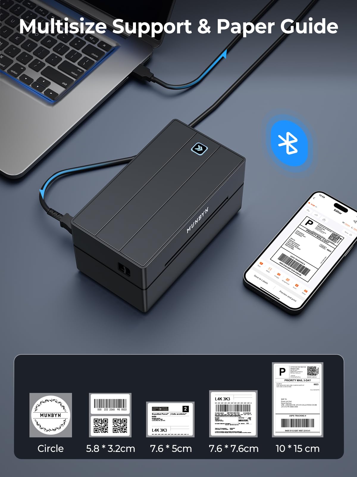 MUNBYN Shipping Label Printer Bluetooth, Thermal Label Printer 4x6, Etsy, Shopify, eBay, Royal Mail, Evri, Bluetooth for Phone, Chromebook, Windows, USB for Mac, Windows, 130B, Black