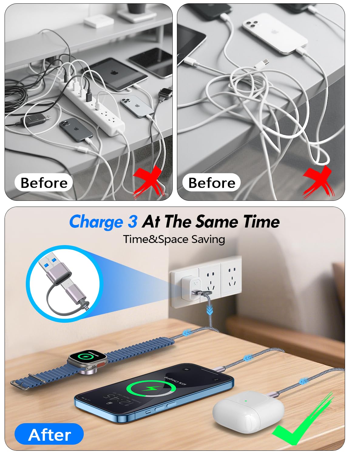 2Pack Multi Fast Charging Cable for Travel Vacation Essentials,iPhone 17 Charger,Apple Watch Charger,3-in-2USB A/Type C/Lightning Cable for iWatch,iPhone 17-11,Nintendo Switch,Airpods,Home,Office-4FT