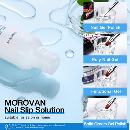 Morovan Nail Slip Solution Kit: 2.5 OZ Anti‑Stick Gel Liquid for PolyGel Nails with Dual‑Ended Brush & Nail Forms Ideal Easy Spread for Beginners