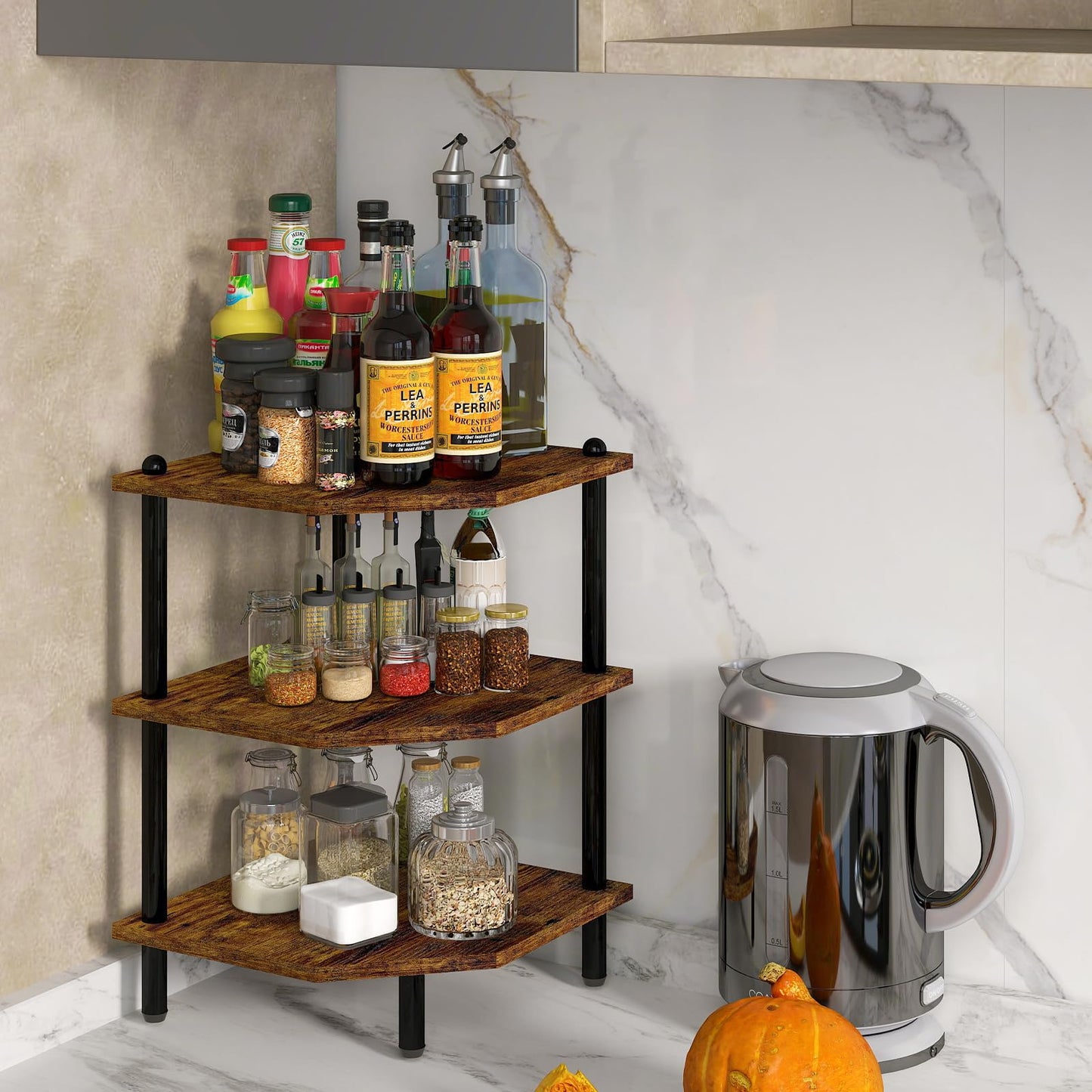 MOFAIN Desktop Corner Stand Shelf for Storage, 3 Tier Corner Shelf Organizer, Rustic Brown Rack for Small Spaces, Bedroom, Home Office, Kitchen, Bathroom