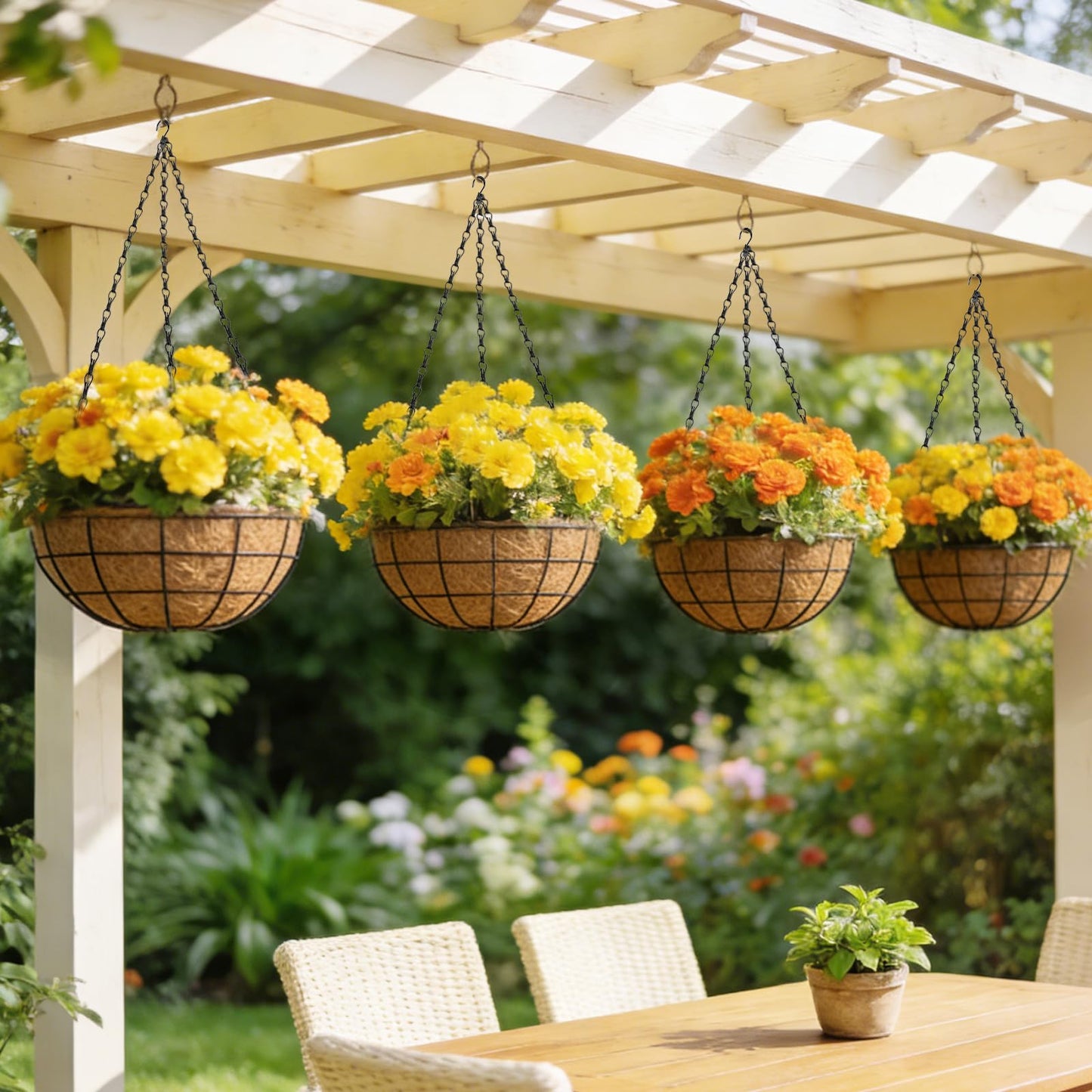 14 Inch Hanging Baskets for Plants Outdoor, 4 Pack Large Hanging Planters for Indoor Outdoor Plants, Round Metal Wire Hanging Flower Pots with Coconut Coir Liners for Garden, Deck, Porch, Balcony