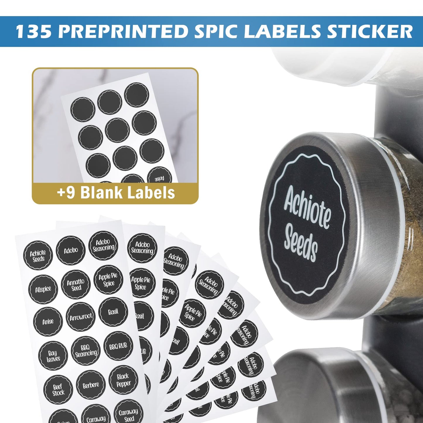 Tianifa Black Countertop Revolving Spice Rack, Empty 20-Jars Rotating Spice Rack Organizer, Round Carousel Tower, 135 Spice Labels with Funnel Complete Set, for Kitchen Countertop, Cabinet