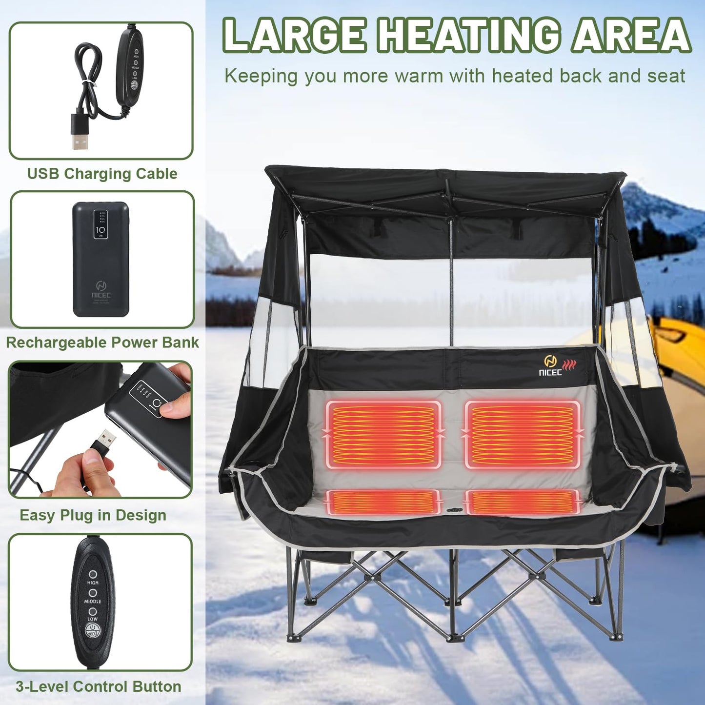 Nice C Heated Double Camping Chair with Canopy, Heated Outdoor Sports Folding Bench with Battery, Portable Padded Umbrella Chairs, Couch with Shade, Cup Holder, Cooler Bag, Loveseat For Lawn, Outdoors