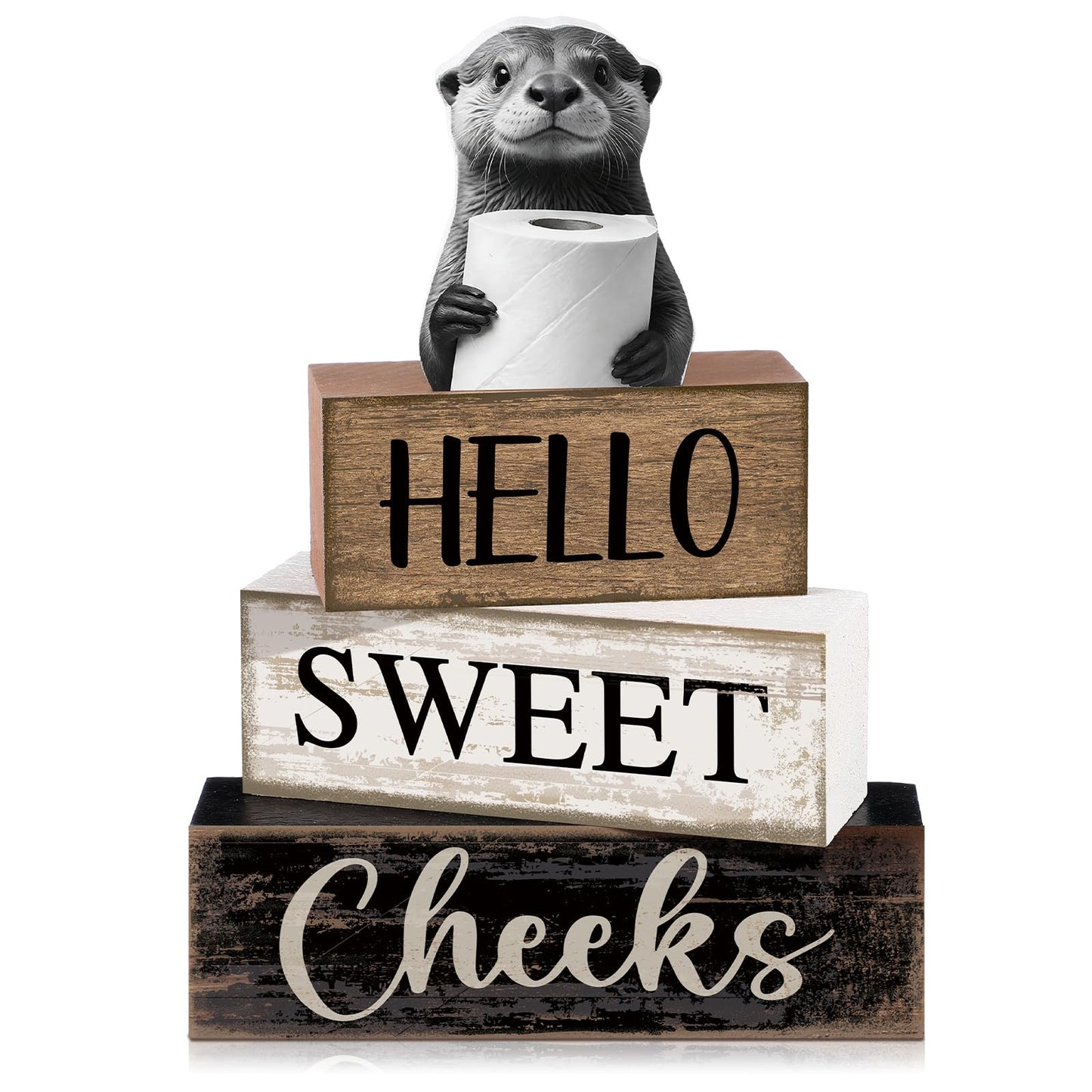 Moucuny 4 Pcs Otter Bathroom Decor Set Farmhouse Bathroom Decor and Accessories Rustic Hello Sweet Cheeks Wooden Blocks Signs with Toilet Paper Funny Toilet Shelf Decoration for Home Office Half Bath
